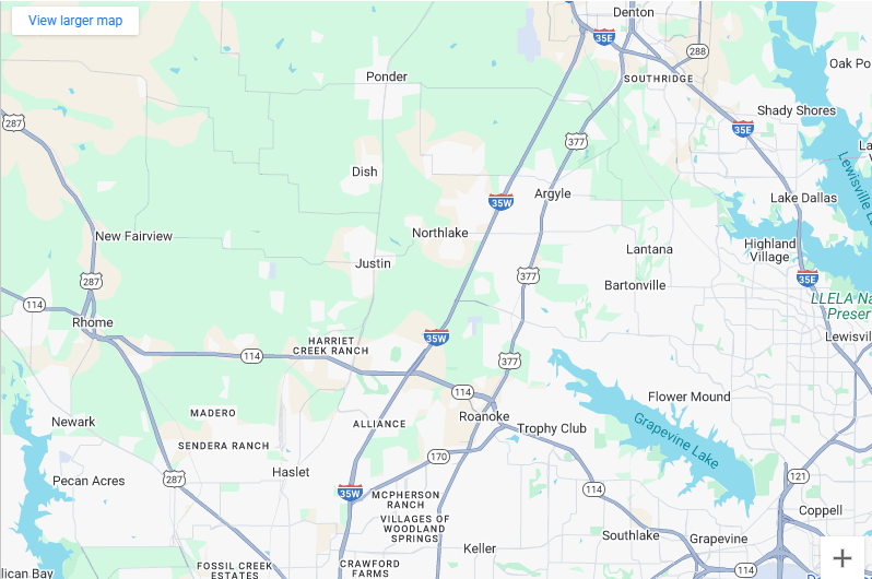 Map of C&L Appliance Service service area including Justin, Roanoke, Keller, and Denton.
